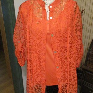 Samantha Grey Orange Sheer Blouse with Matching Embellished Tank Top Sz. 14